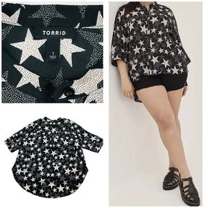 Torrid 3/4 Sleeve Chiffon Semi Sheer Button Up Kimono Top Stars Black Grey White